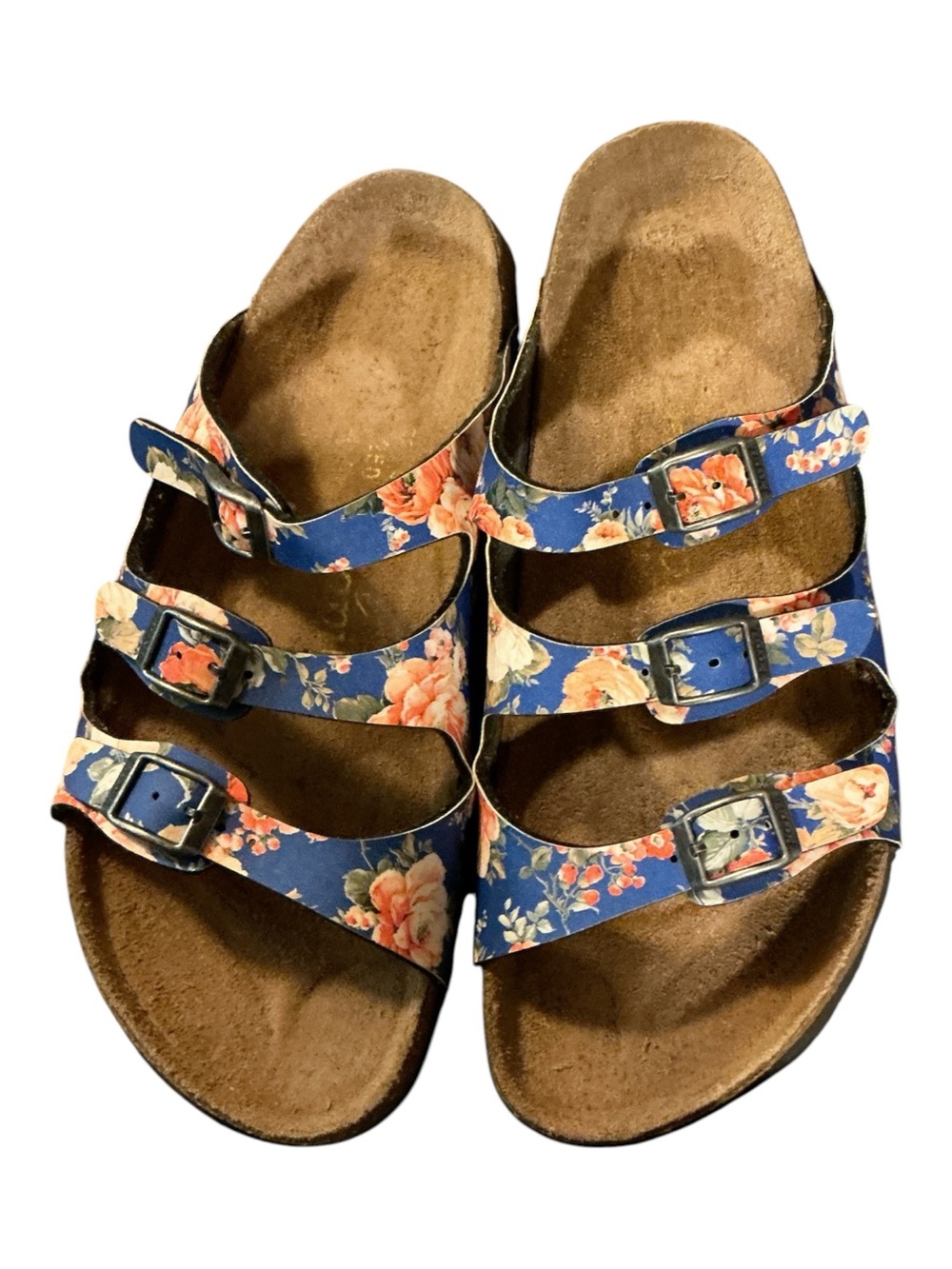 Floral Triple-Buckle Slide Sandals - Blue with Peach Roses - Picture 2 of 5